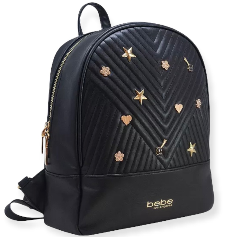 BEBE Hayden Backpack Black Gold Crystal Jeweled Embellishments Vegan Leather